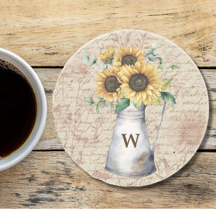 Dessous De Verre En Grès Découpage de lettre vintage tournesol rustique mon