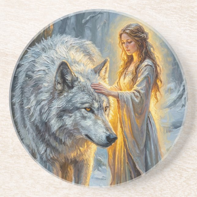 Dessous De Verre En Grès Déesse de l'hiver & Loup Blanc (Devant)