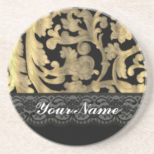Dessous De Verre En Grès Dentelle noire et or damas