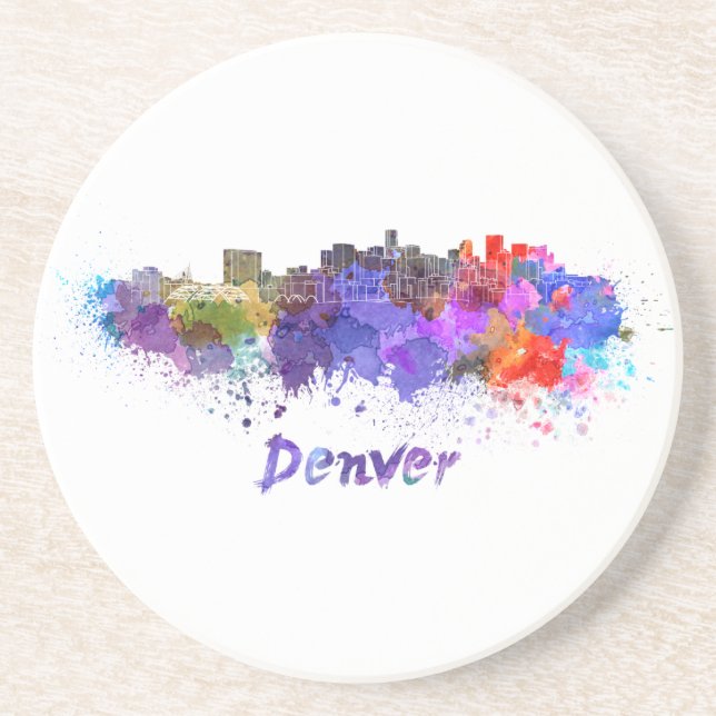 Dessous De Verre En Grès Denver skyline in watercolor (Devant)