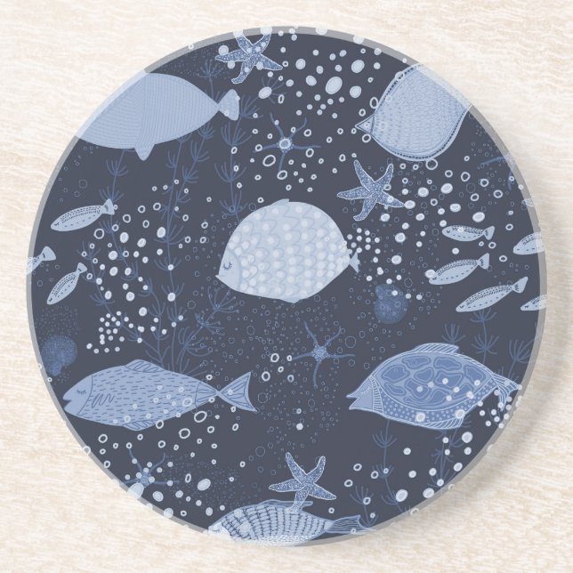 Dessous De Verre En Grès Des poissons endormis monochromes, motif foncé. (Devant)