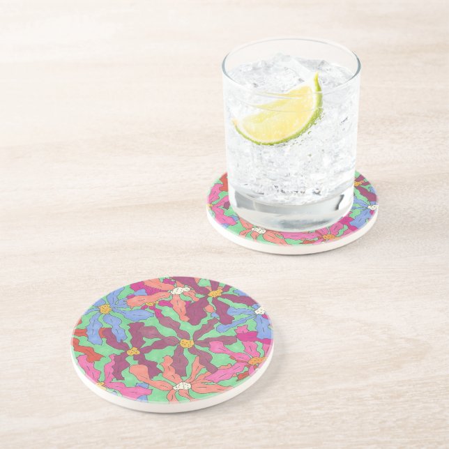 Dessous De Verre En Grès Design Boho Motif à fleurs rétro (Côté)