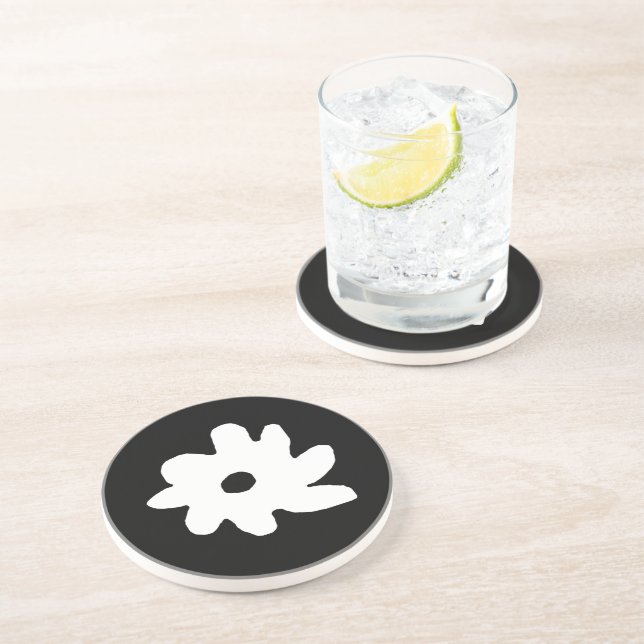 Dessous De Verre En Grès design floral . une fleur noire et blanche (Côté)