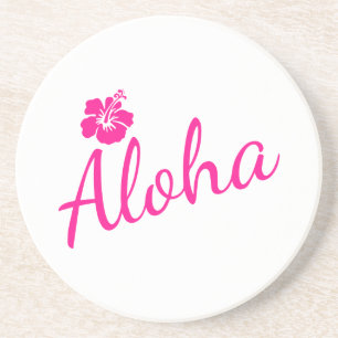 Dessous De Verre En Grès Design original en texte rose ALOHA et fleur
