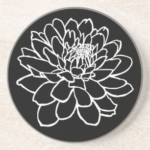 Dessous De Verre En Grès Dessin Chrysanthemum - Blanc sur noir