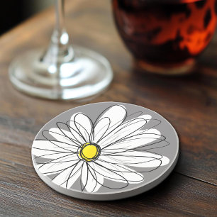 Dessous De Verre En Grès Dessin de marguerite fantaisiste - Gris et jaune