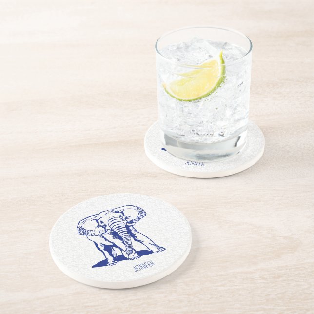 Dessous De Verre En Grès Dessin Monogramme Marine Blue Elephant Line (Côté)