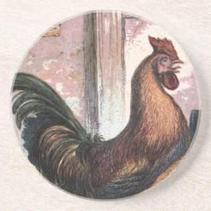 Dessous De Verre En Grès Dessin vintage : Coq et poule