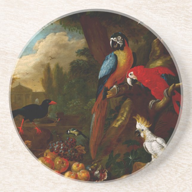 Dessous De Verre En Grès Deux Macaws un Cockatoo et une Jay aux fruits (Devant)