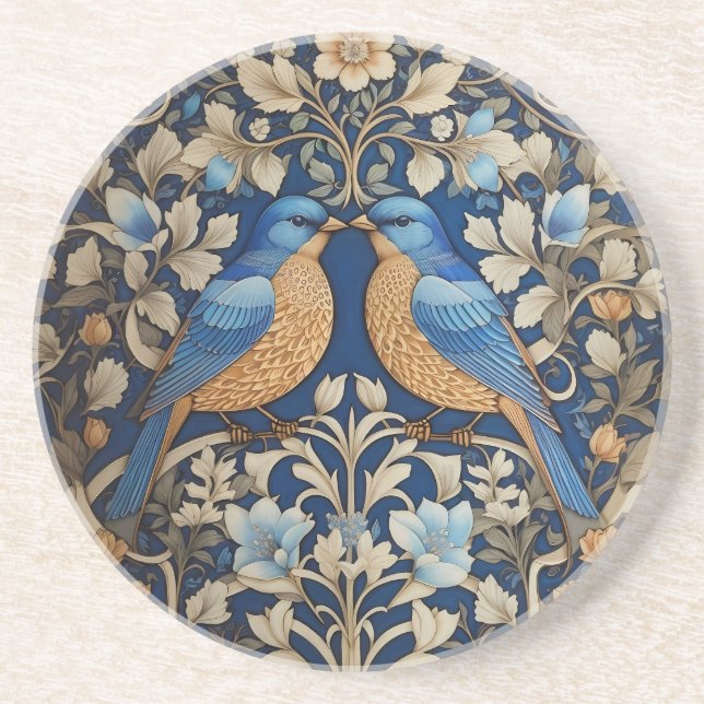Dessous De Verre En Grès Deux Oiseaux Bleus Élégants William Morris Inspiré (Devant)