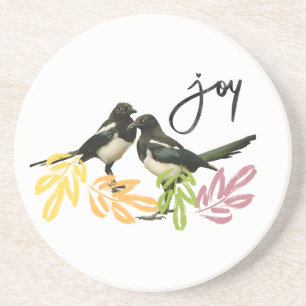 Dessous De Verre En Grès "Deux pour la joie" Deux Magpies aux accents flora