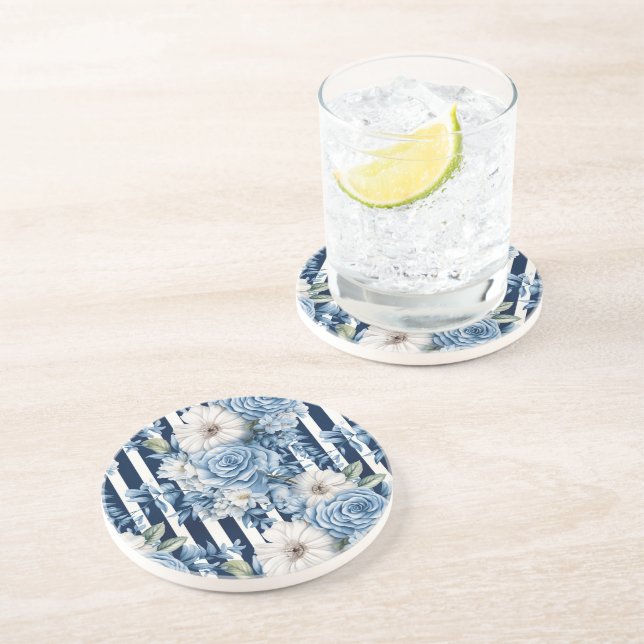 Dessous De Verre En Grès Déversoir de mariage à rayures florales bleu marin (Côté)