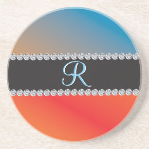 Dessous De Verre En Grès Diamant noir orange bleu 3d Monogramme initial