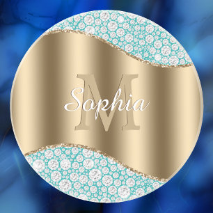 Dessous De Verre En Grès Diamants de Glam sur Turquoise, Monogramme Or, Nom