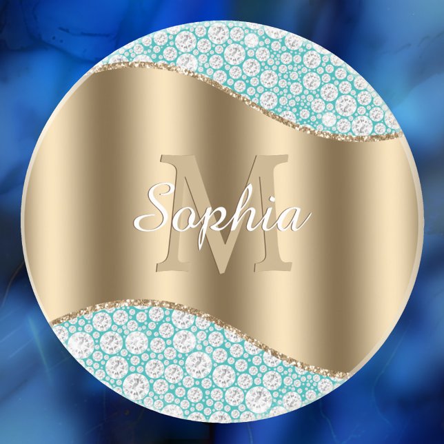 Dessous De Verre En Grès Diamants de Glam sur Turquoise, Monogramme Or, Nom (Créateur téléchargé)