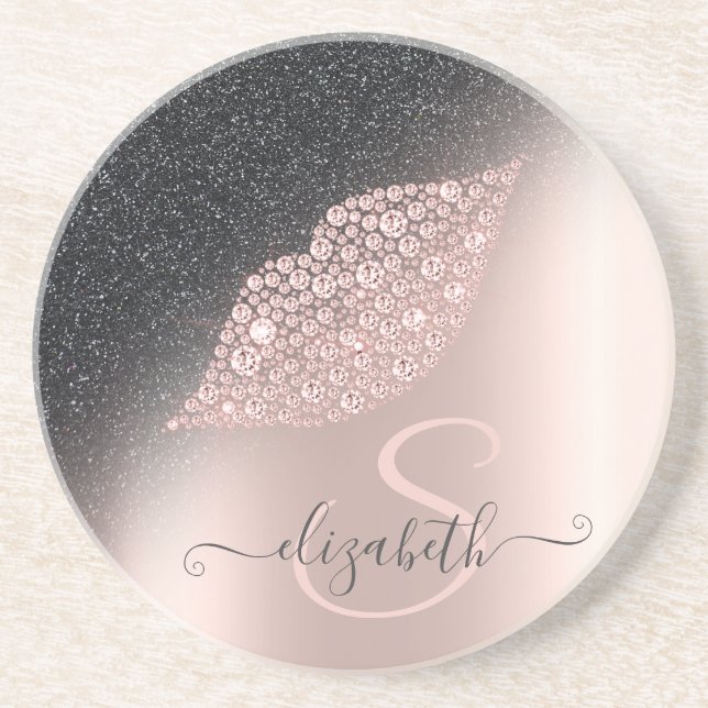 Dessous De Verre En Grès Diamants Lèvres Paillettes Ombre Rose Or (Devant)