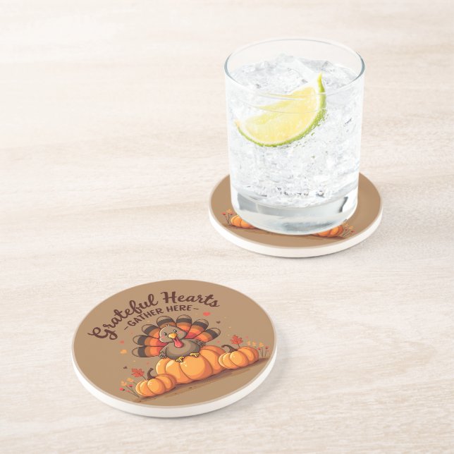 Dessous De Verre En Grès Dinde de Thanksgiving à Cœurs Reconnaissants (Côté)