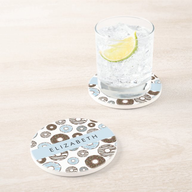 Dessous De Verre En Grès Donuts Bleus, Donuts Brown, Sprinkings, Votre Nom (Côté)