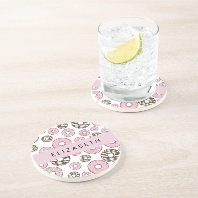 Dessous De Verre En Grès Donuts Roses, Donuts Blancs, Sprinkings, Votre Nom (Côté)