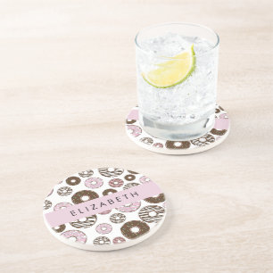 Dessous De Verre En Grès Donuts Roses, Donuts Brown, Sprinkings, Votre Nom