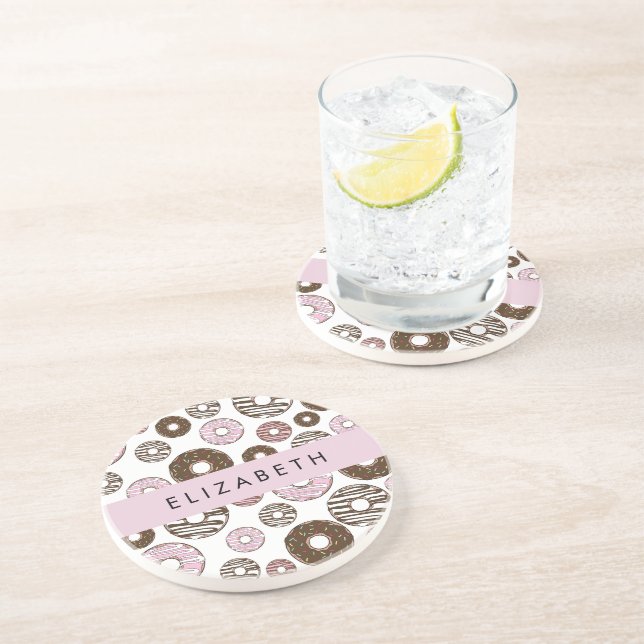 Dessous De Verre En Grès Donuts Roses, Donuts Brown, Sprinkings, Votre Nom (Côté)