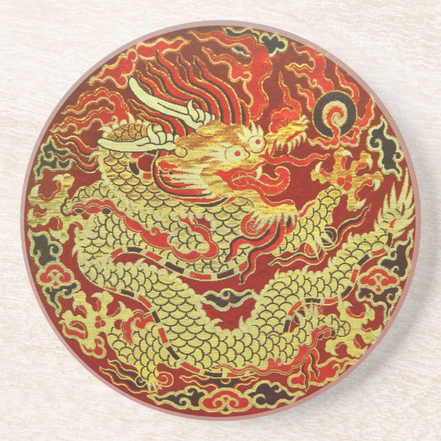 Dessous De Verre En Grès Dragon asiatique d'or brodé sur rouge foncé (Devant)