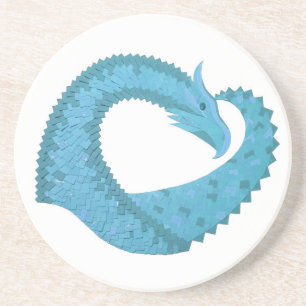 Dessous De Verre En Grès dragon au cœur sarcelle sur fond blanc