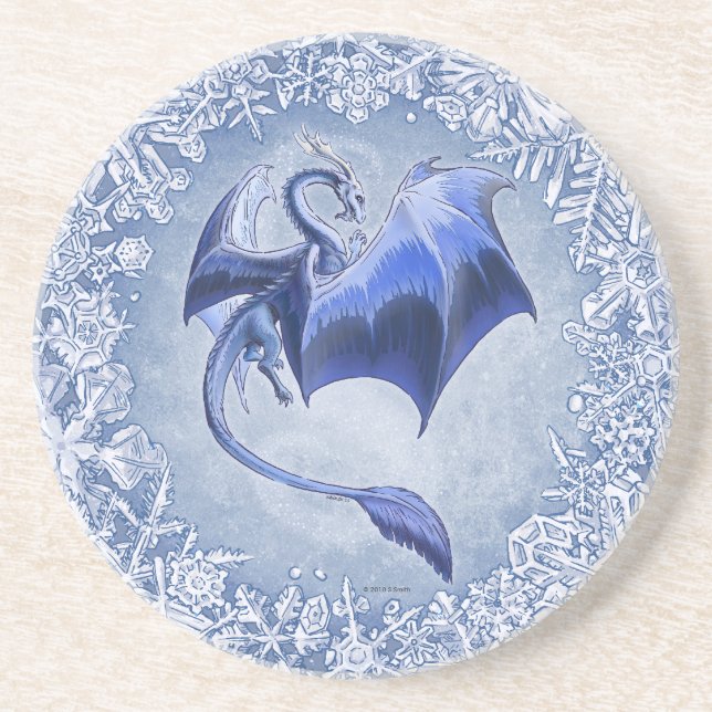 Dessous De Verre En Grès Dragon Bleu d'hiver Imaginaire Nature Art (Devant)