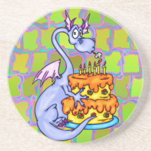 Dessous De Verre En Grès Dragon et gâteau d'anniversaire