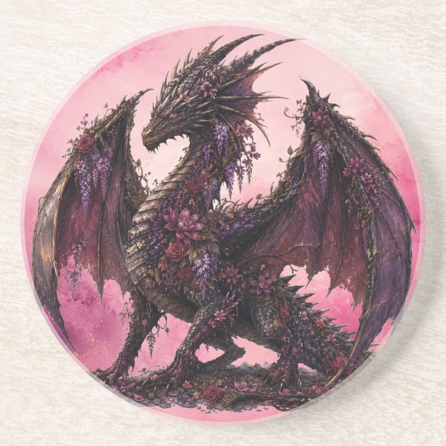 Dessous De Verre En Grès Dragon Fleur | Dragon de Fantaisie Botanique (Devant)