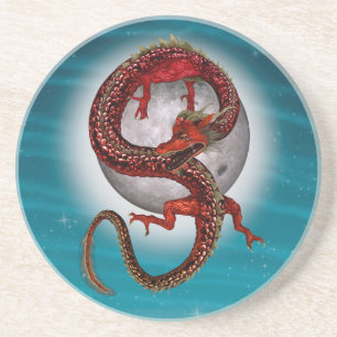 Dessous De Verre En Grès Dragon Lune Rouge Fantastique Artistique