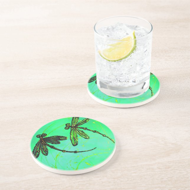 Dessous De Verre En Grès Dragonflies Superbe Vert & Turquoise Twist (Côté)