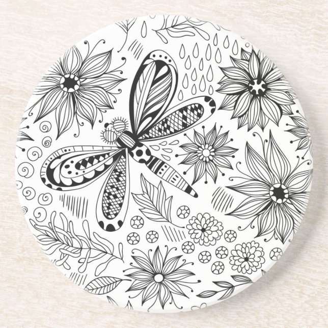 Dessous De Verre En Grès Dragonfly et doodle de fleurs (Devant)