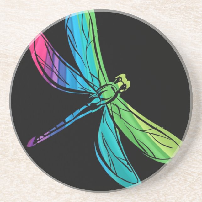 Dessous De Verre En Grès Dragonfly Rainbow sur Black (Devant)