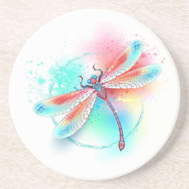 Dessous De Verre En Grès Dragonfly rouge sur l'arrière - plan aquarelle (Devant)