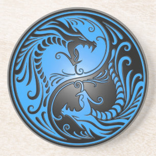 Dessous De Verre En Grès Dragons, bleu et noir de Yin Yang