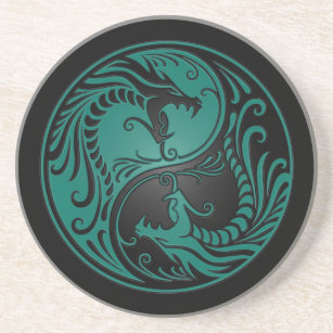 Dessous De Verre En Grès Dragons bleus et noirs turquoises de Yin Yang