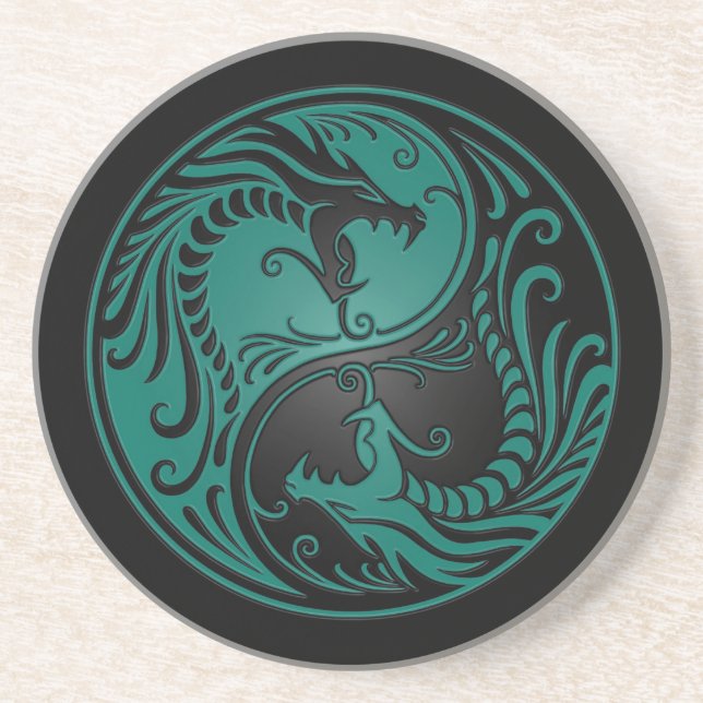 Dessous De Verre En Grès Dragons bleus et noirs turquoises de Yin Yang (Devant)