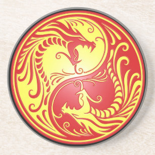 Dessous De Verre En Grès Dragons, rouge et jaune de Yin Yang