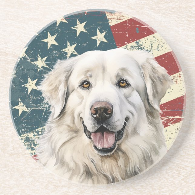 Dessous De Verre En Grès Drapeau américain Grunge Chien des Pyrénées (Devant)