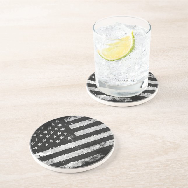 Dessous De Verre En Grès Drapeau américain grunge noir et blanc (Côté)