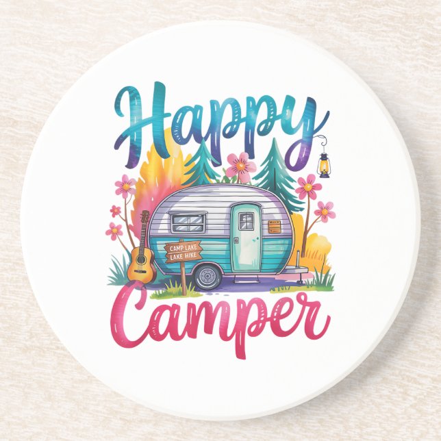 Dessous De Verre En Grès Drôle Happy Camper Équipement de Camping Remorque  (Devant)