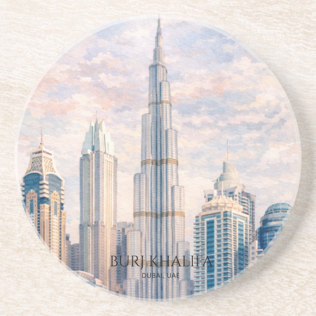 Dessous De Verre En Grès Dubaï Burj Khalifa Cité de Luxe Skyline Aquarelle (Devant)