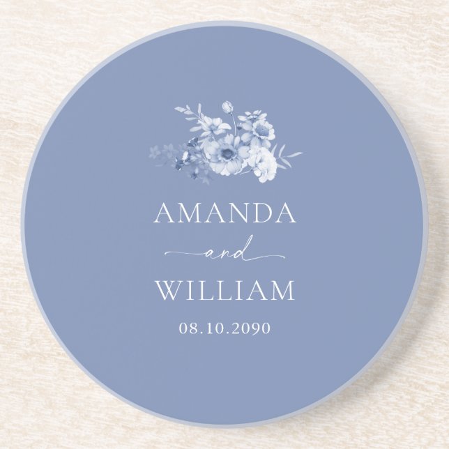 Dessous De Verre En Grès Dusty Blue Floral Mariage (Devant)