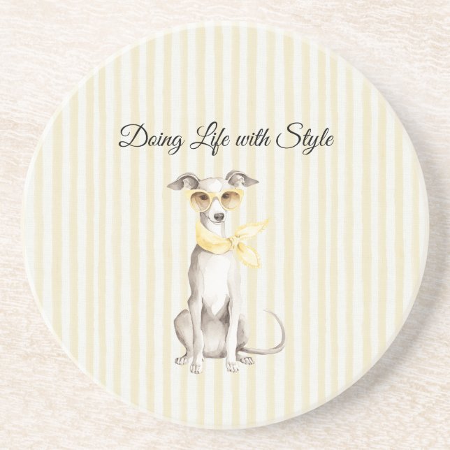 Dessous De Verre En Grès Écharpe Jaune Clair Rayures Chien Blanc (Devant)