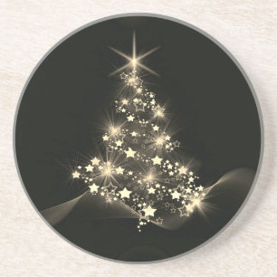 Dessous De Verre En Grès Éclat doré des étoiles sur l'arbre de Noël sombre