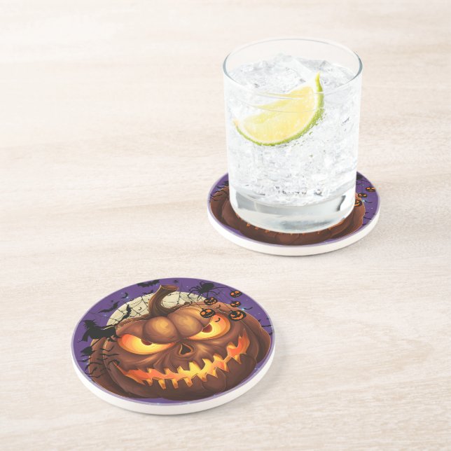 Dessous De Verre En Grès Éffrayant Halloween Citrouille Sandstone Drink Des (Côté)