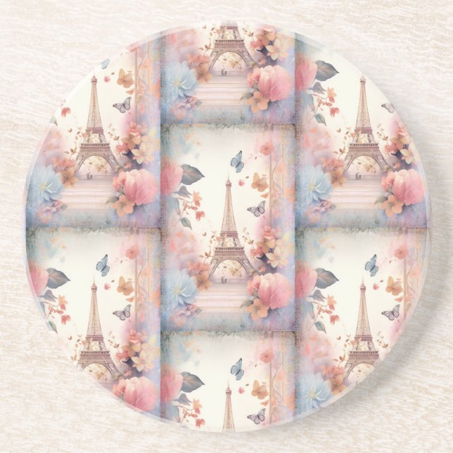 Dessous De Verre En Grès Eiffel Tower Butterflies and Flowers (Devant)