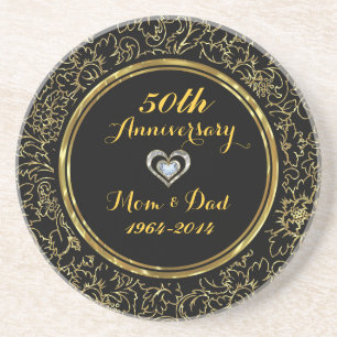 Dessous De Verre En Grès Élégant 50e anniversaire de Mariage Black & Gold