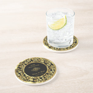 Dessous De Verre En Grès Élégant 50e anniversaire de Mariage Black & Gold